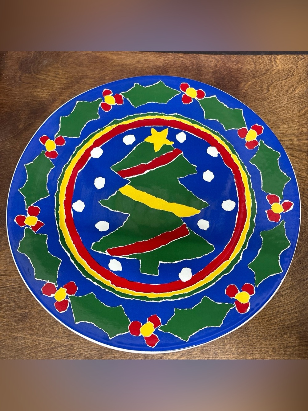 Festive Christmas Tree Ceramic Serving Plate - Blue, Green, Red, Yellow